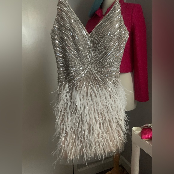 Beige Rhinestone Feather Mini Dress - Picture 3 of 6
